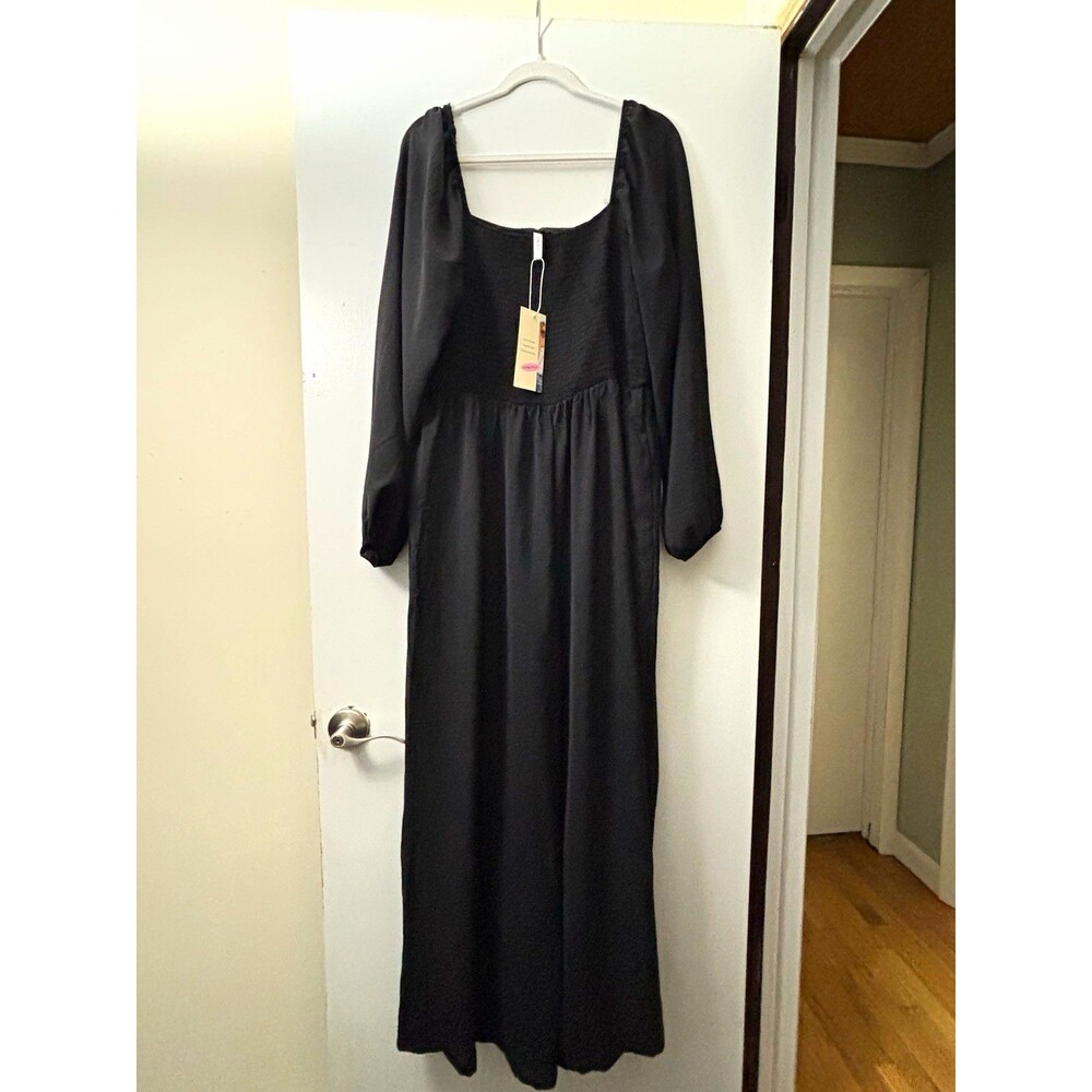 Dokotoo Women's Black Smocked Square Neck Puff Sleeve Wide-Leg Jumpsuit